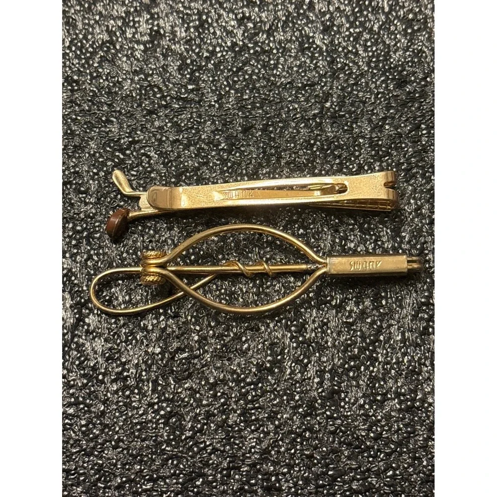 VTG Swank Tie Clip Lot Golf Clubs Fishing Rod Gold Tone‎ dad grandpa retirement